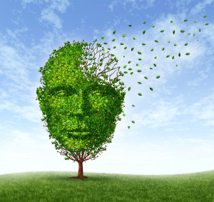 artistic rendering of a tree shaped like a human head with leaves missing and flying away from half of forehead