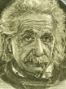closeup of Albert Einstein's face on vintage currency of Isreal