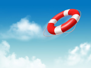 red and white lifesaver ring in air with sky background, as if just thrown to rescue someone